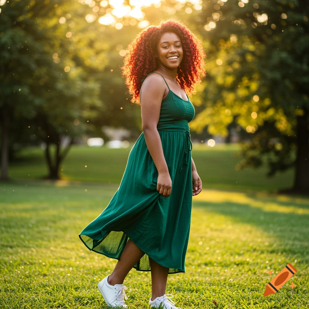 Young woman with vibrant red hair smiling in a park at golden hour.