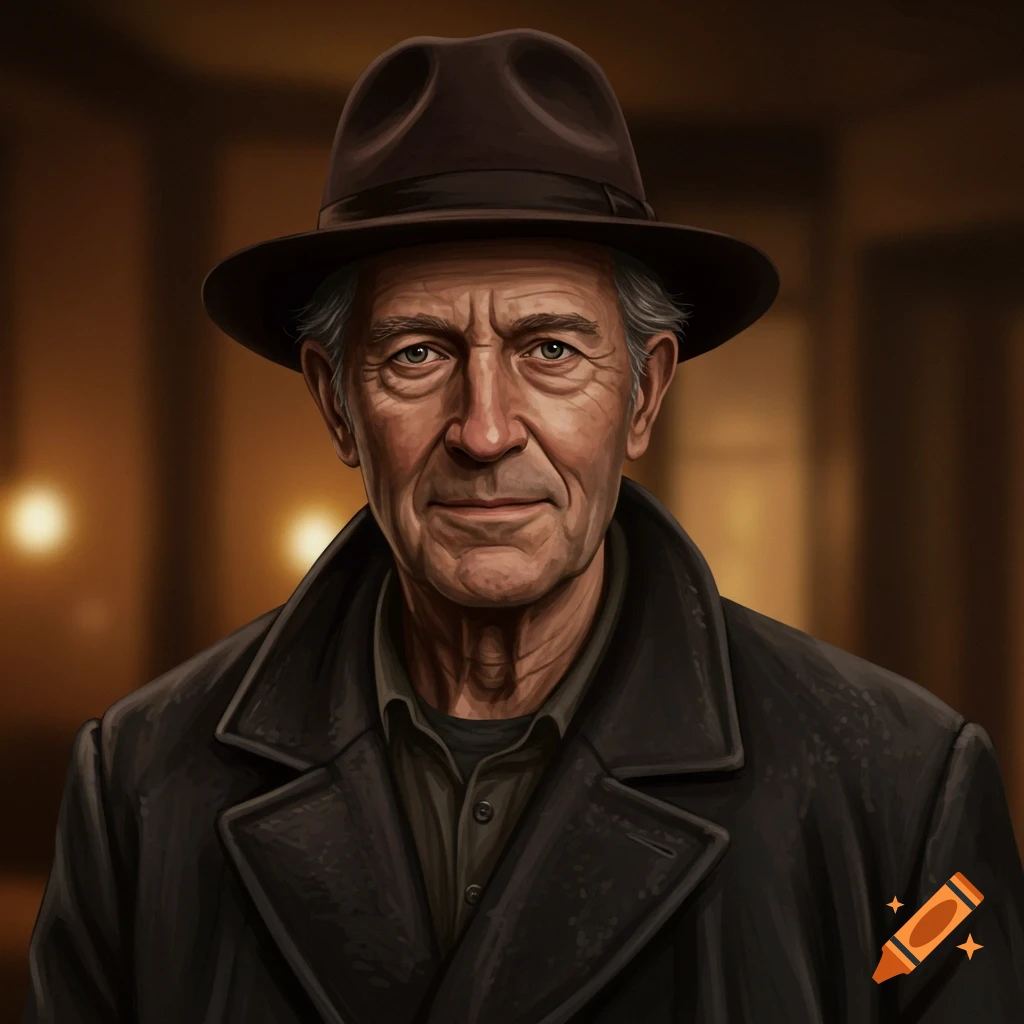 A man wearing a coat and fedora.
