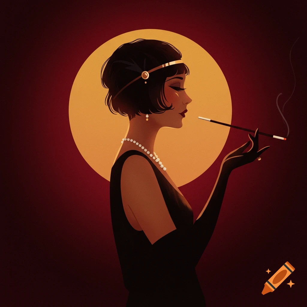Woman in 1920s flapper style with cigarette holder and circle background.