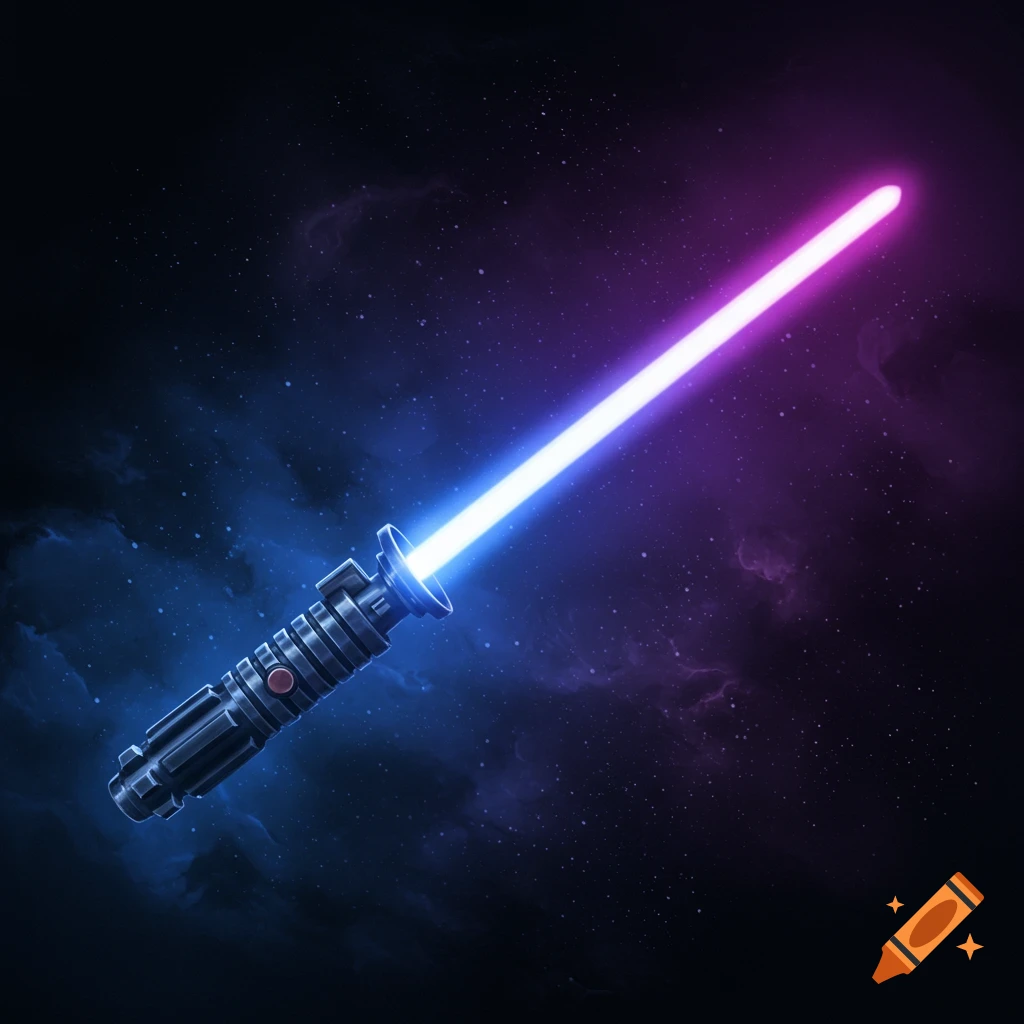 A lightsaber with a blue to purple gradient blade floats in space against a nebula.