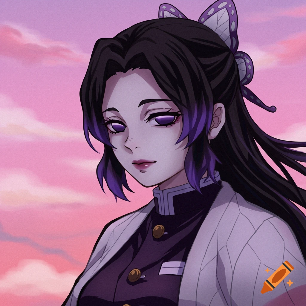 An anime character with purple eyes and a butterfly hair accessory is shown against a pink sky.