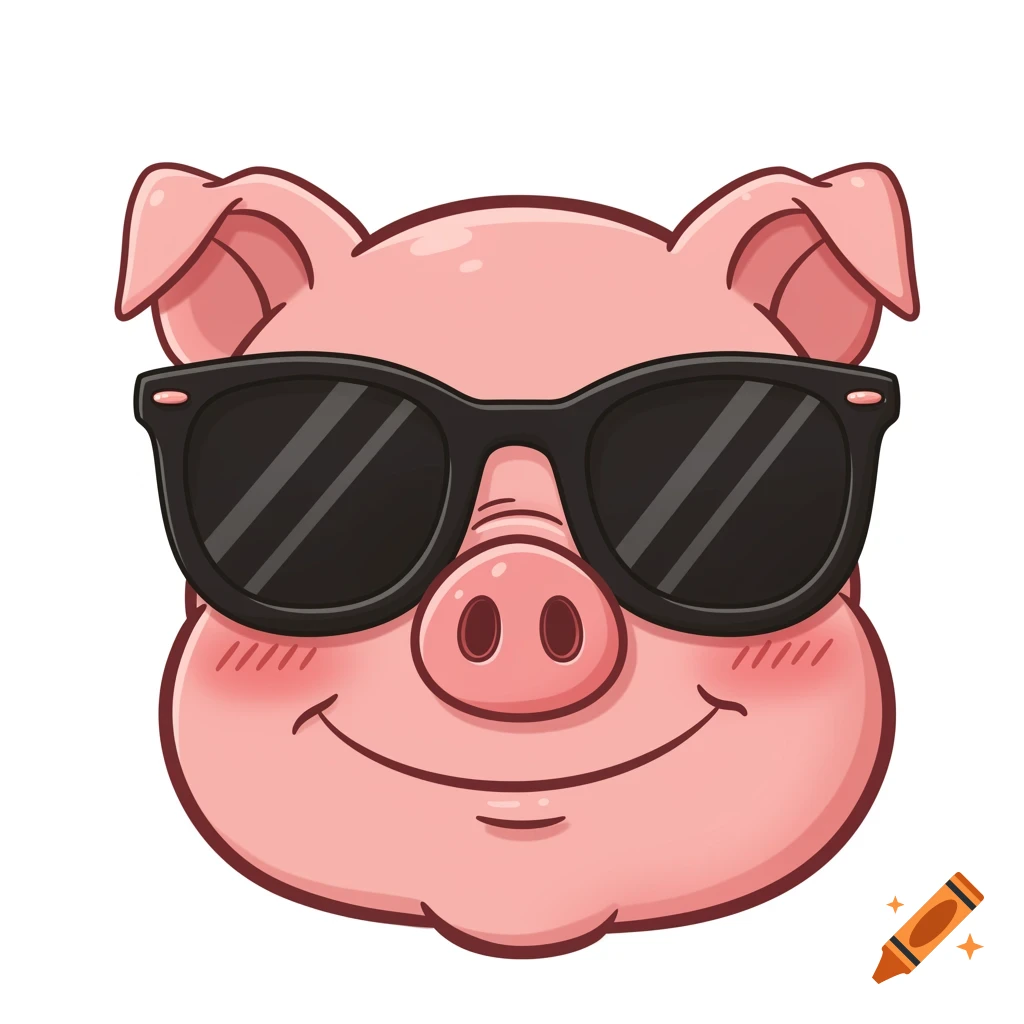 Cartoon pig face wearing sunglasses and smiling