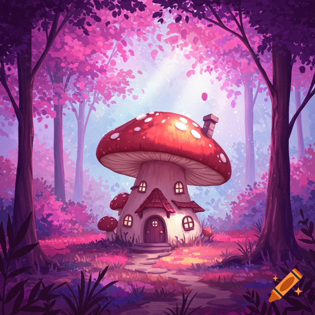 A mushroom house in a magical forest with pink and purple trees.