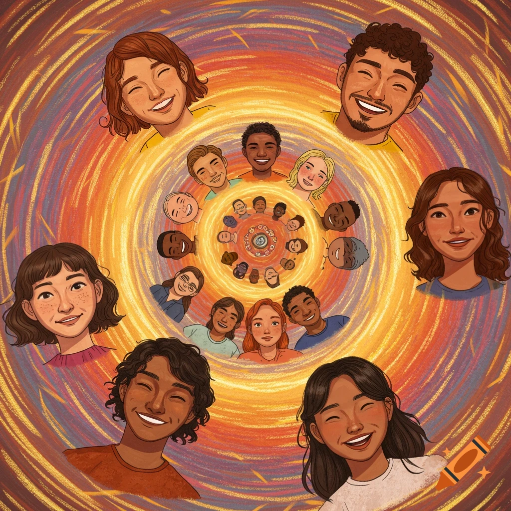 A vibrant image shows a spiral arrangement of diverse smiling faces.