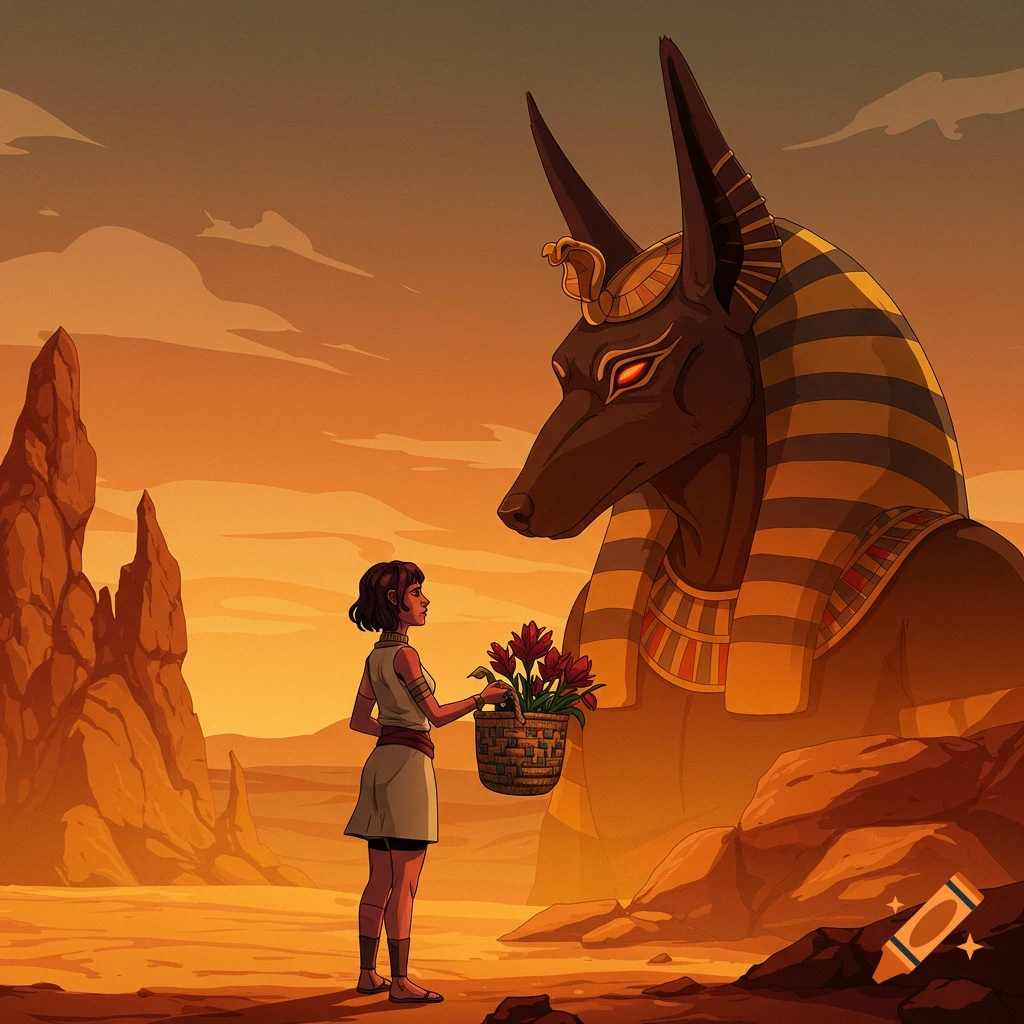 A person offers flowers to a giant Anubis statue in a desert landscape.
