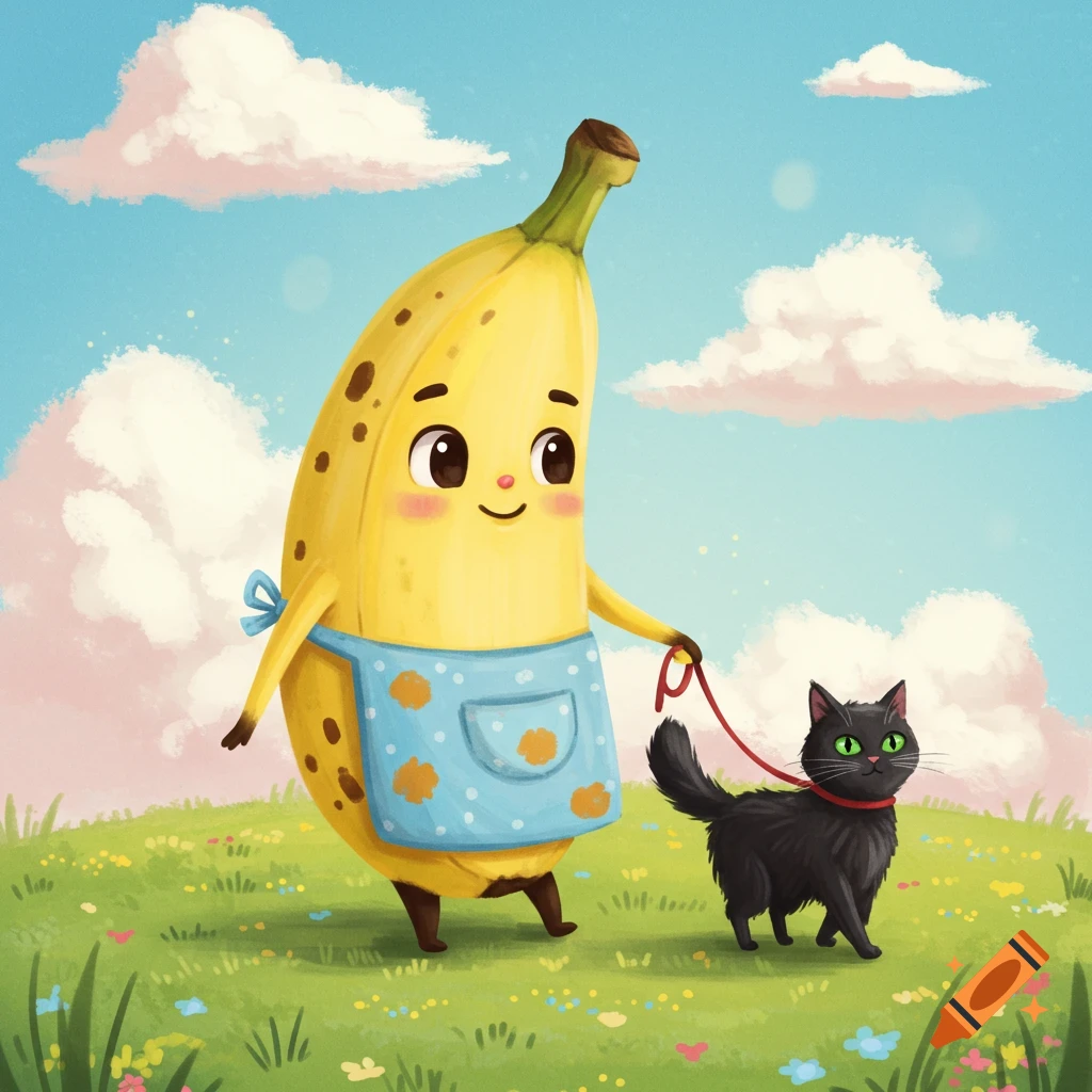 A cartoon banana character with an apron walks a black cat on a leash through a grassy field.