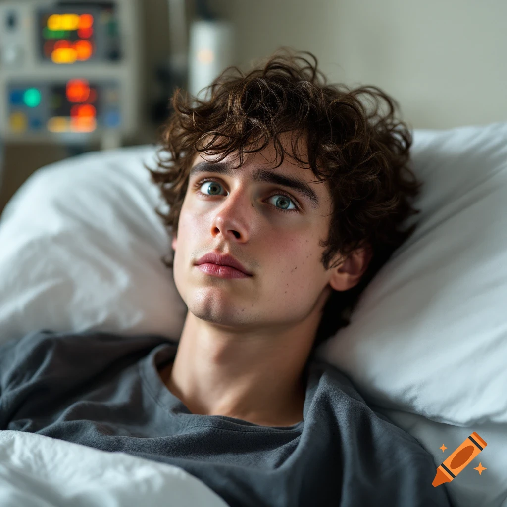 Young person in hospital bed with heart monitor in background, photorealistic style.