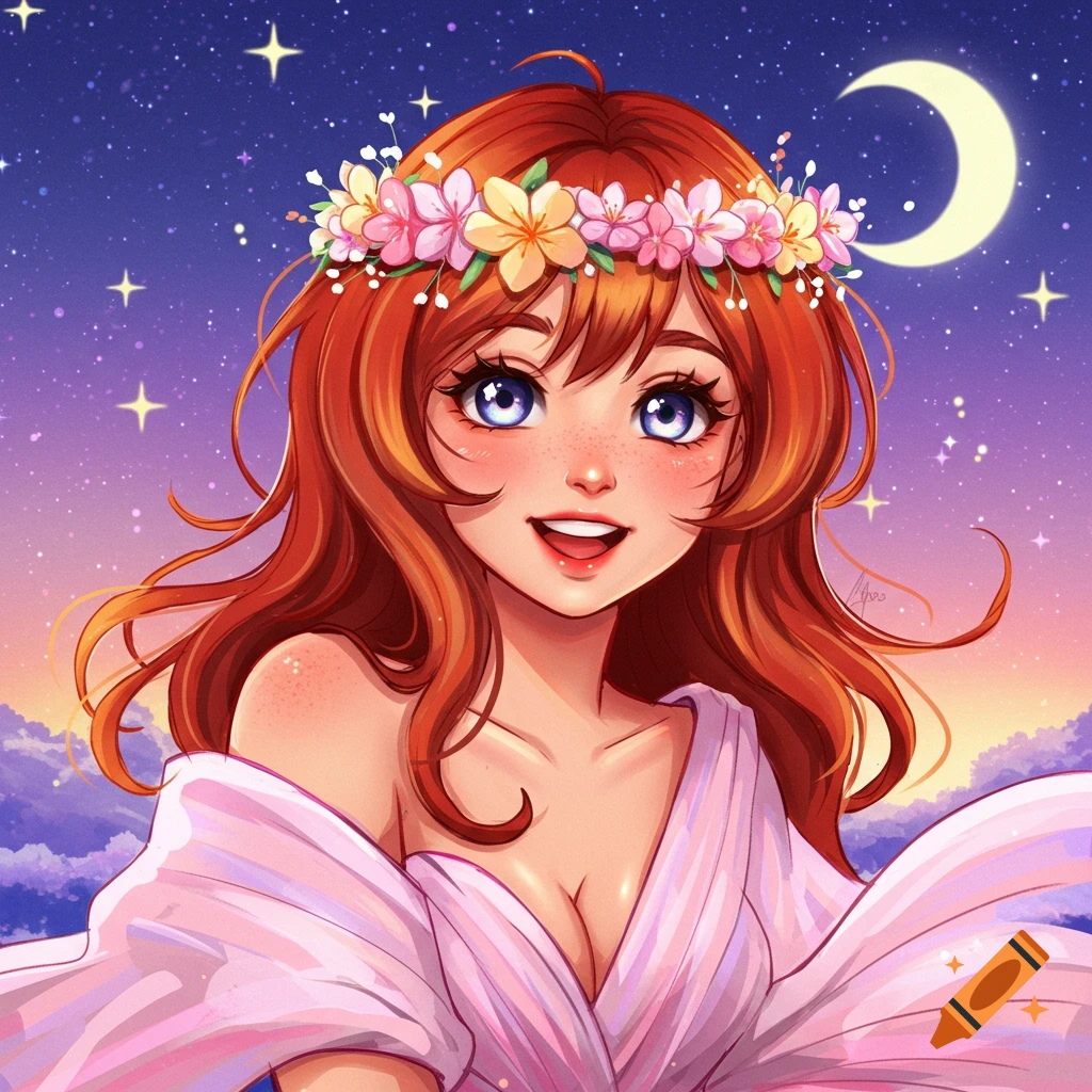 Anime portrait of a woman with red hair, flower crown, and blue eyes against a starry night sky.