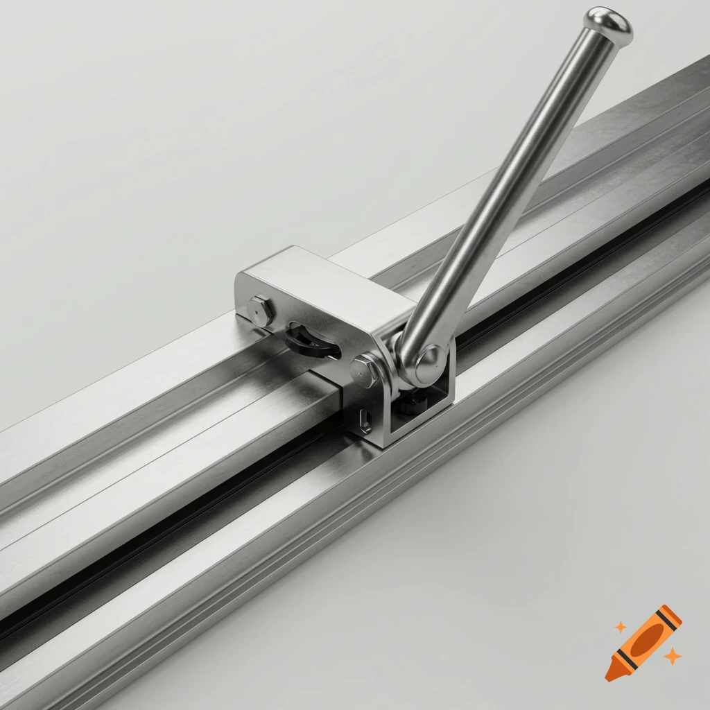 A close-up photo of a metal construction tool with a lever handle on a track.