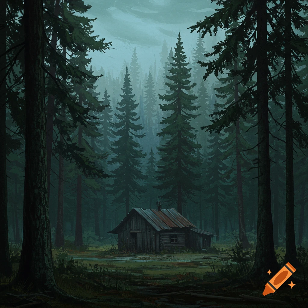 A rustic wooden cabin stands in a dark evergreen forest under a moody sky.