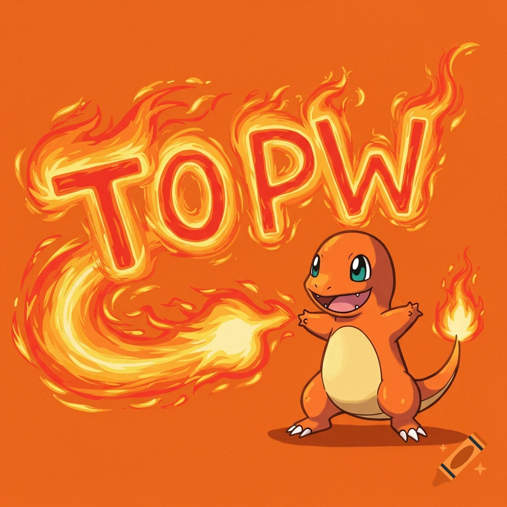 Cartoon Charmander shoots flames spelling TOPW