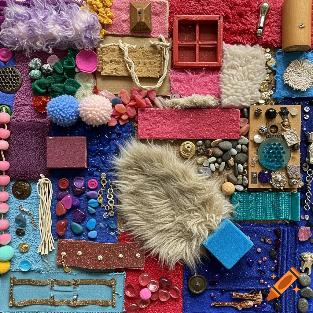 A vibrant collage forming a sensory board, with various textures and objects like fur, fabrics, beads, rocks, buttons, and wood.