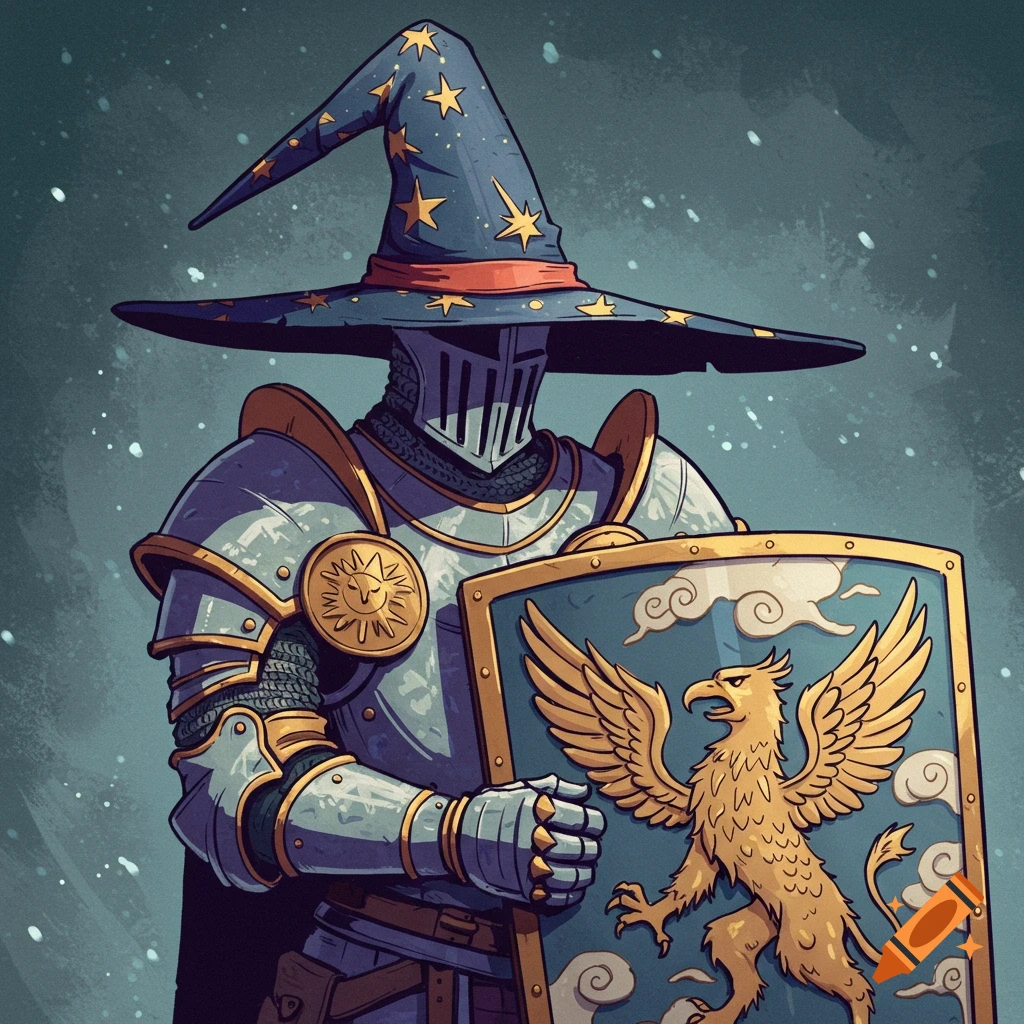 A knight wearing a starry wizard hat and holding a shield with a golden griffin.