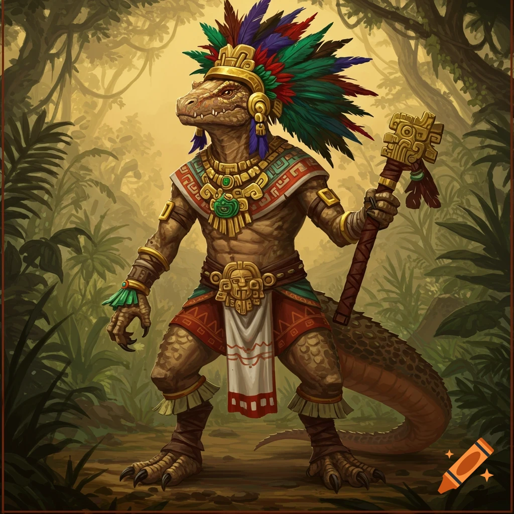 A Lizardfolk creature in Aztec-style clothing stands in a jungle, holding a staff.