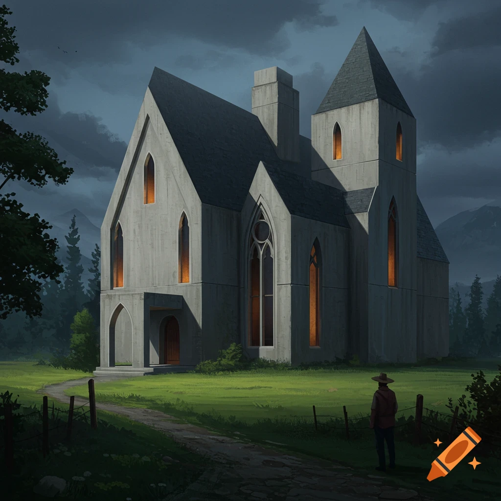 A gothic brutalist building stands in a rural field at dusk, with a person on a path.
