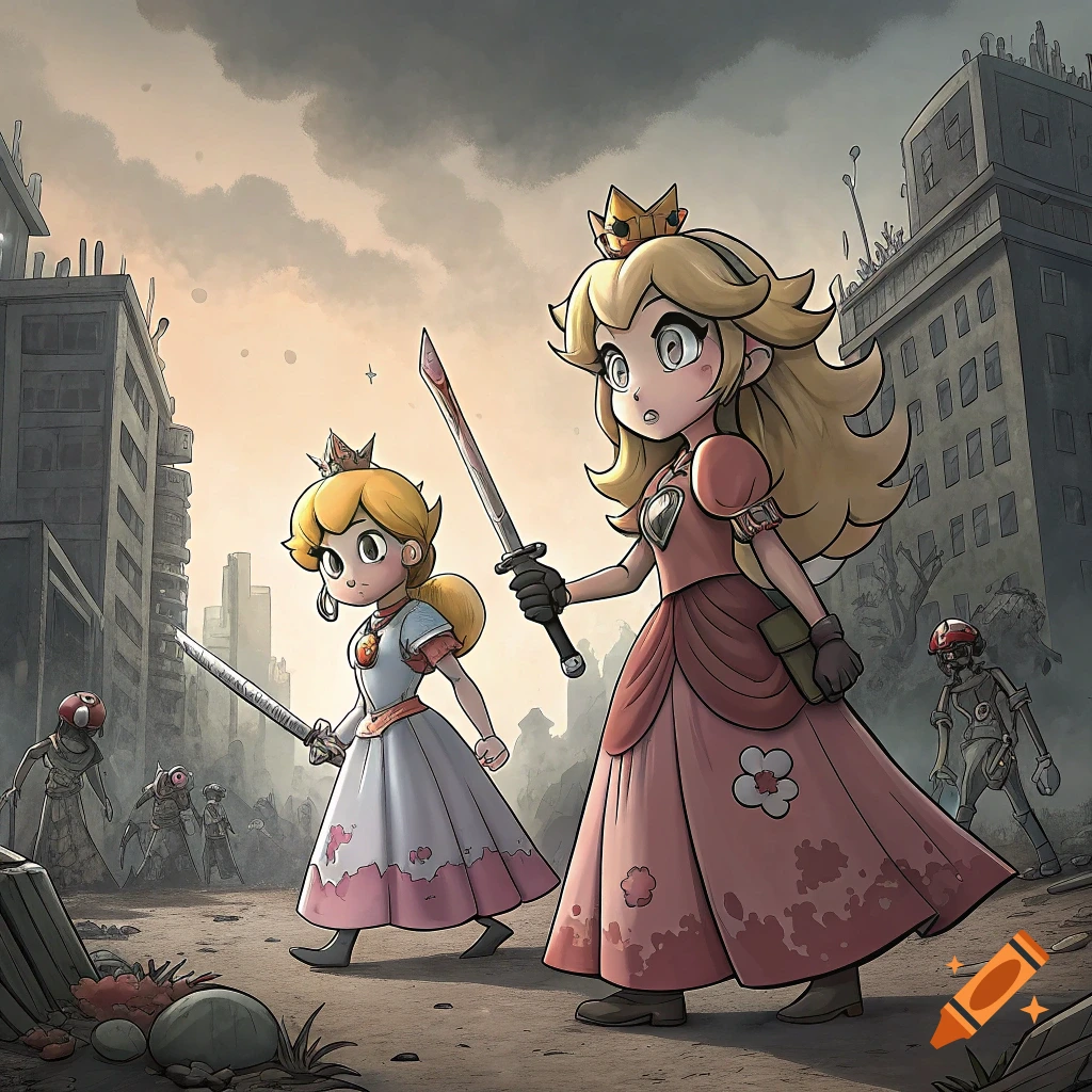 Two cartoon princesses hold swords and walk through a ruined city with zombie-like figures.