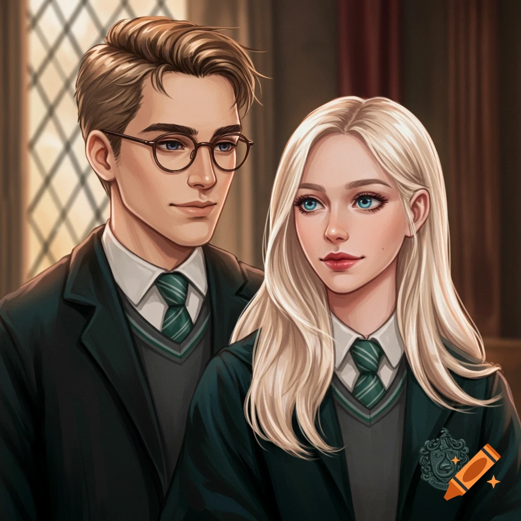 A young man and woman are depicted wearing green school uniforms.