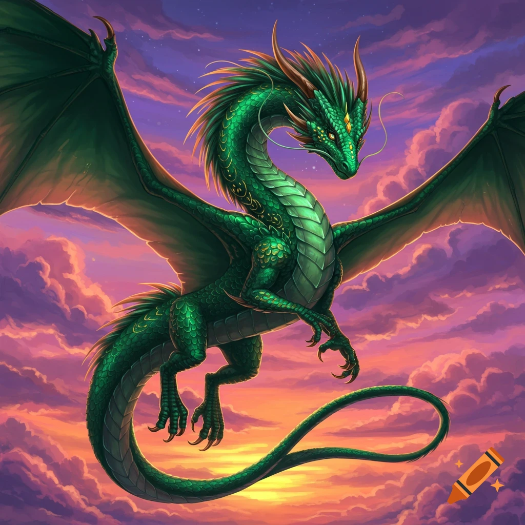 A green dragon with spread wings flying through colorful clouds at sunset.
