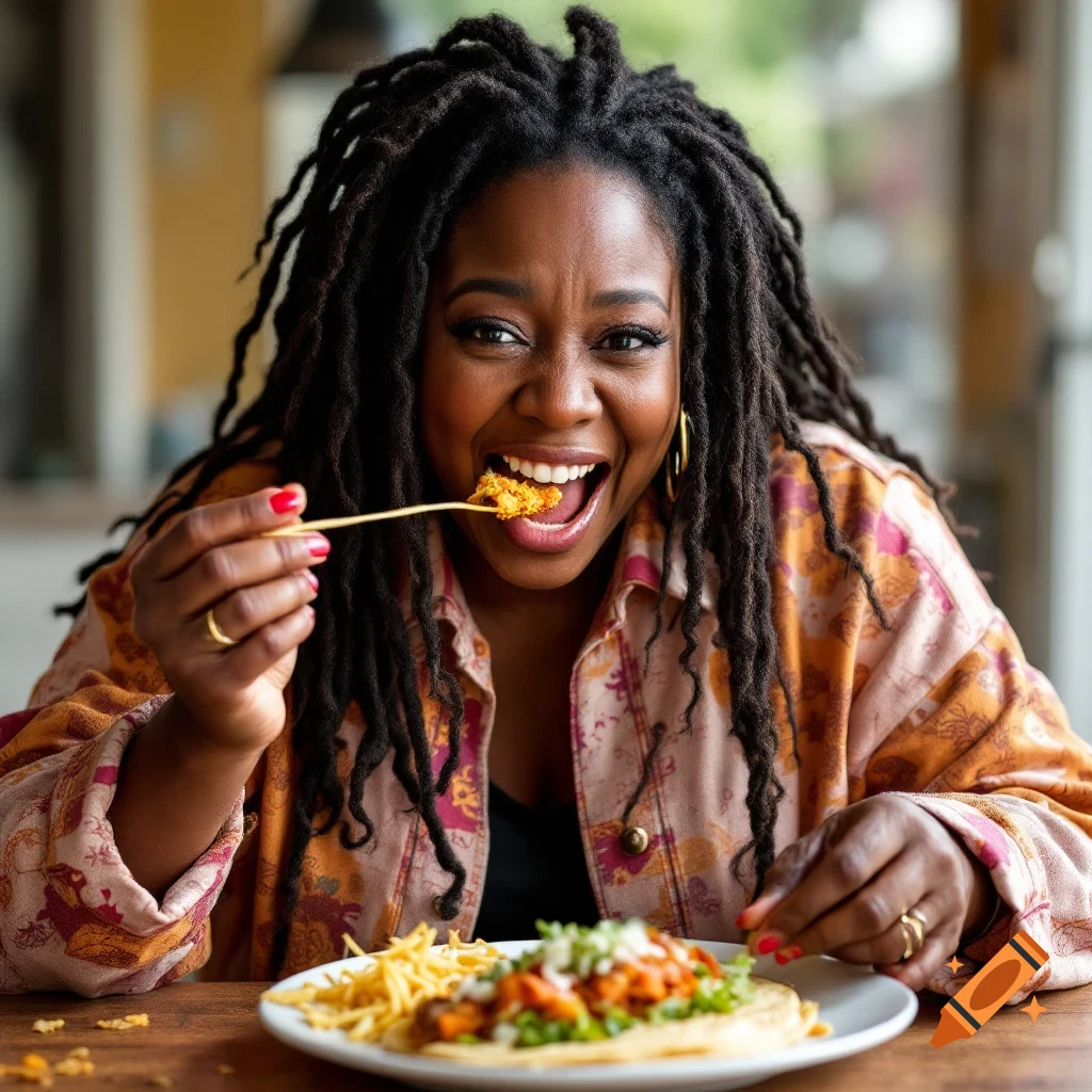 Close-up of a woman with dreadlocks smiling and eating a taco.