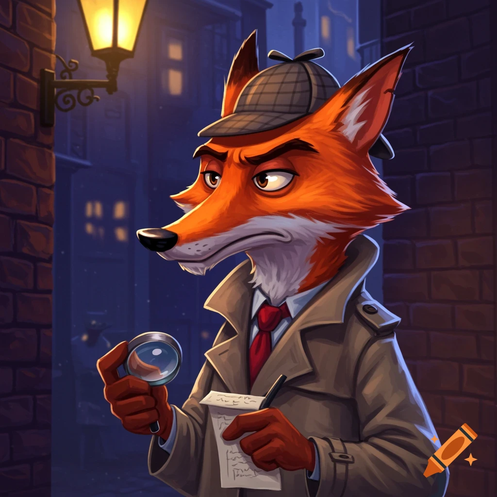 A cartoon fox detective in a trench coat and deerstalker hat, holding a magnifying glass and notepad in a dim alleyway.