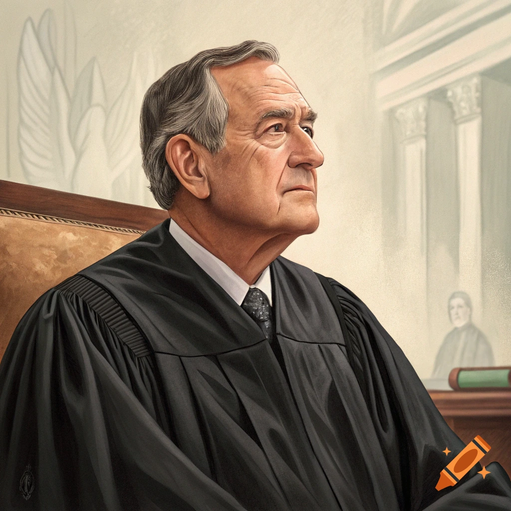 Portrait of a man in a judge's robe seated in a courtroom