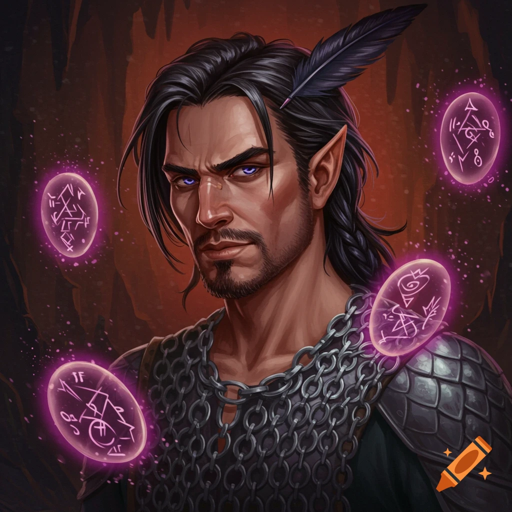 A fantasy sorcerer with pointed ears, armor, glowing eyes, and floating magical runes.