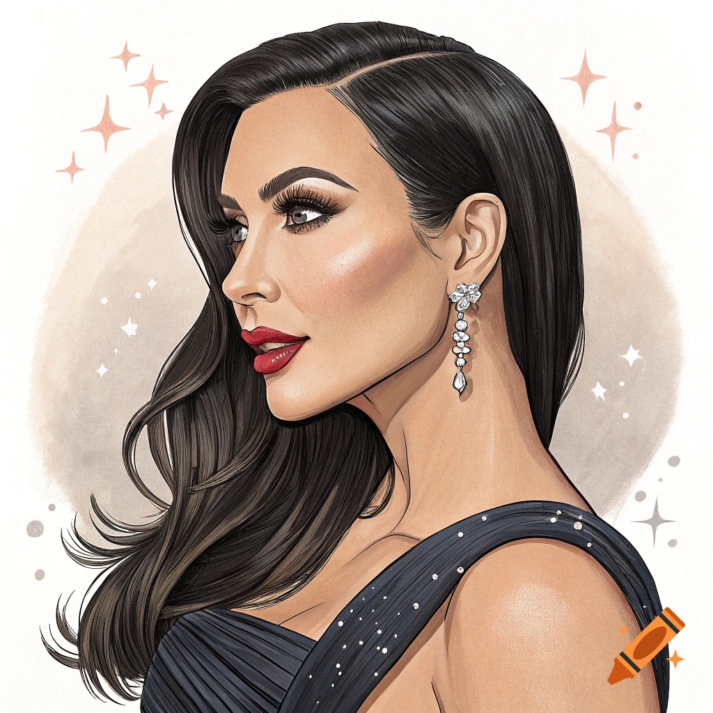 Stylized portrait of a woman resembling Kim Kardashian in a dark dress and sparkling earring.