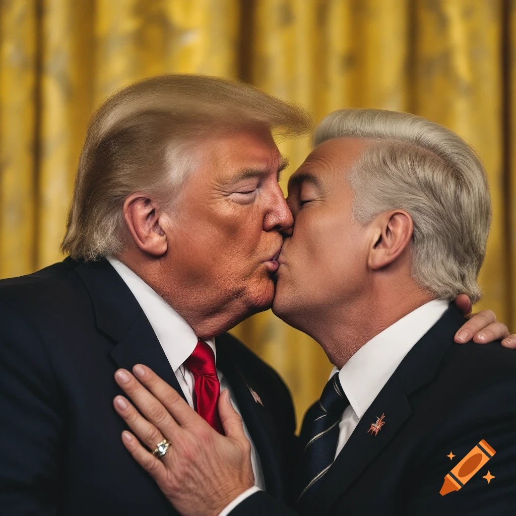 A photorealistic image of Donald Trump and Elon Musk kissing.