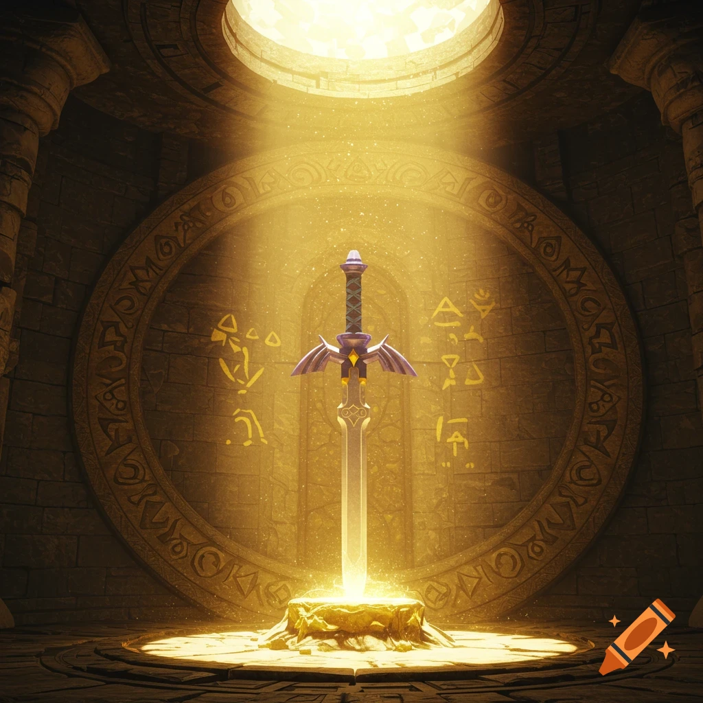 Master Sword glowing in a sunlit temple chamber with ancient symbols.