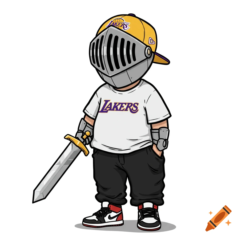 Cartoon character in a knight helmet, Lakers cap and shirt, black pants, and Jordan sneakers holding a sword