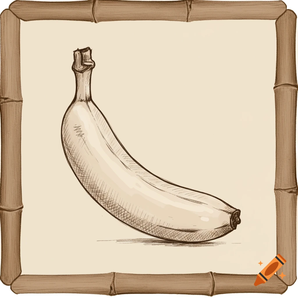 Sepia sketch of a banana in a bamboo frame