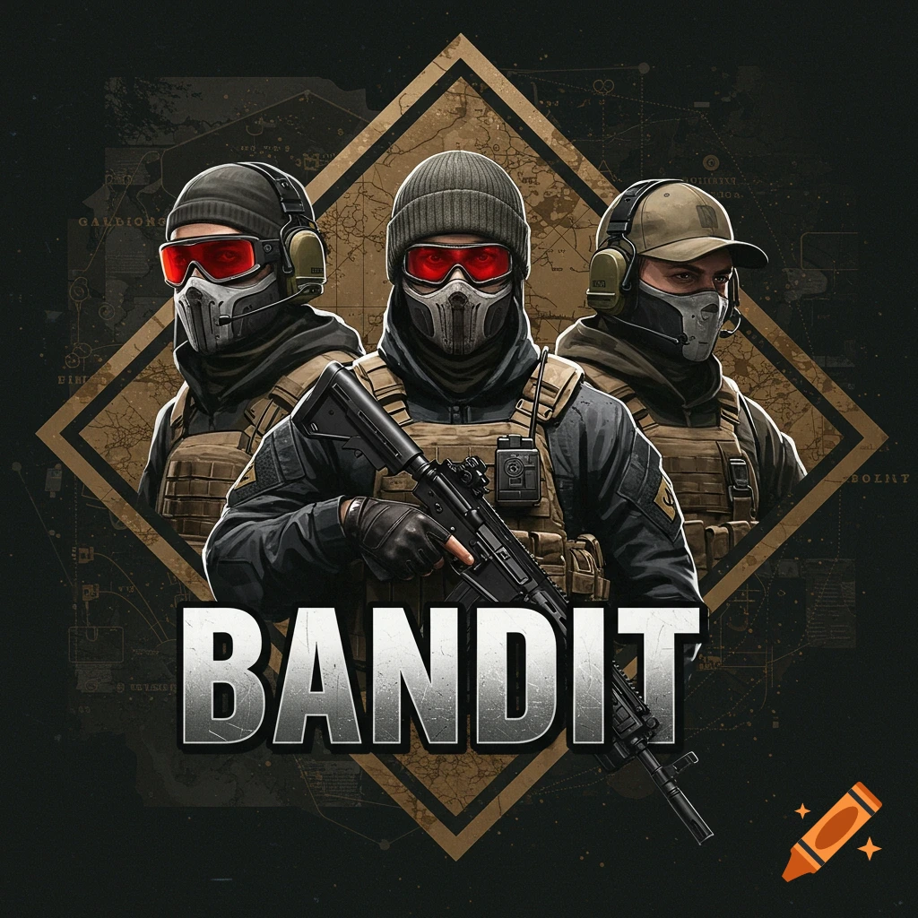 Three masked figures in tactical gear with weapons stand in front of a map background and a logo reading "BANDIT".
