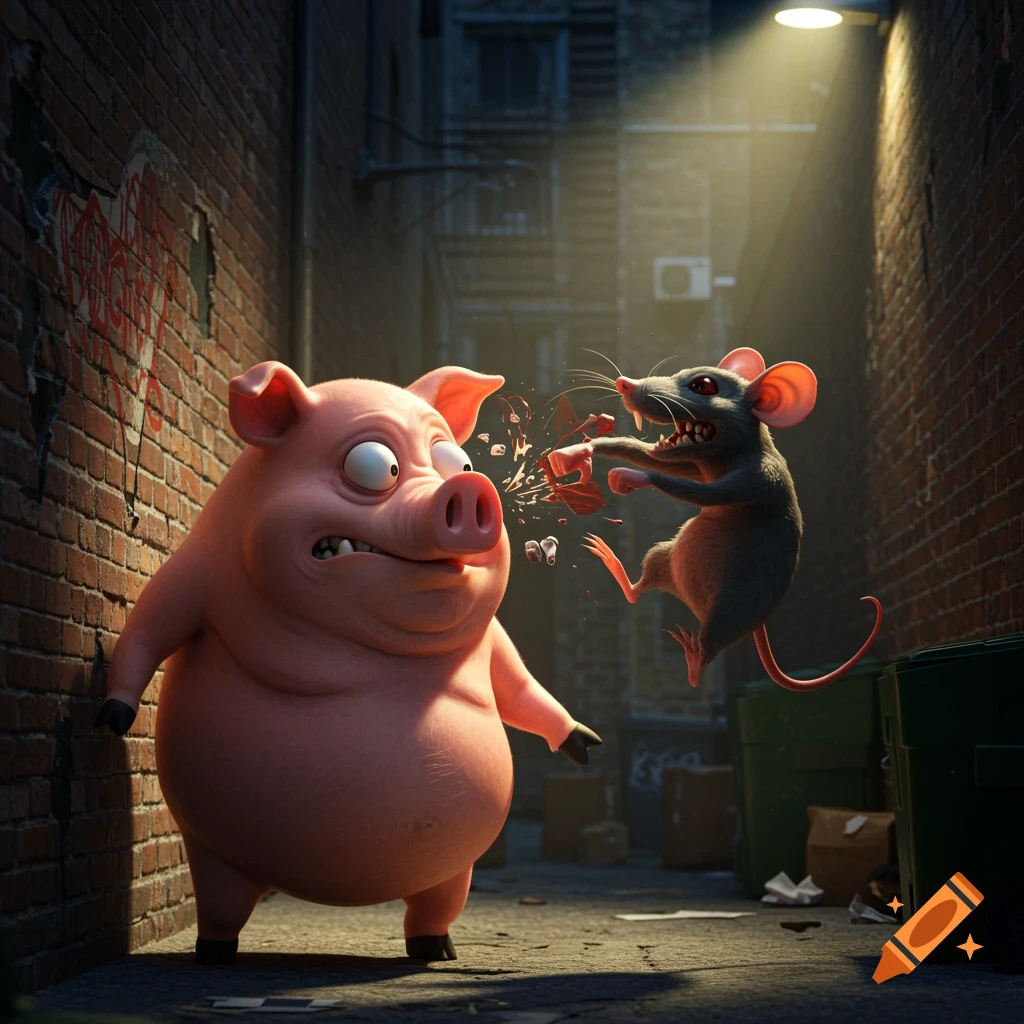 A cartoon pig looks surprised as a small rat leaps and punches it in a dark alleyway.