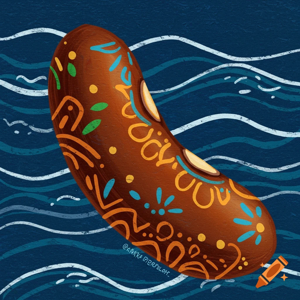 A decorated brown bean floats on blue water with white waves.