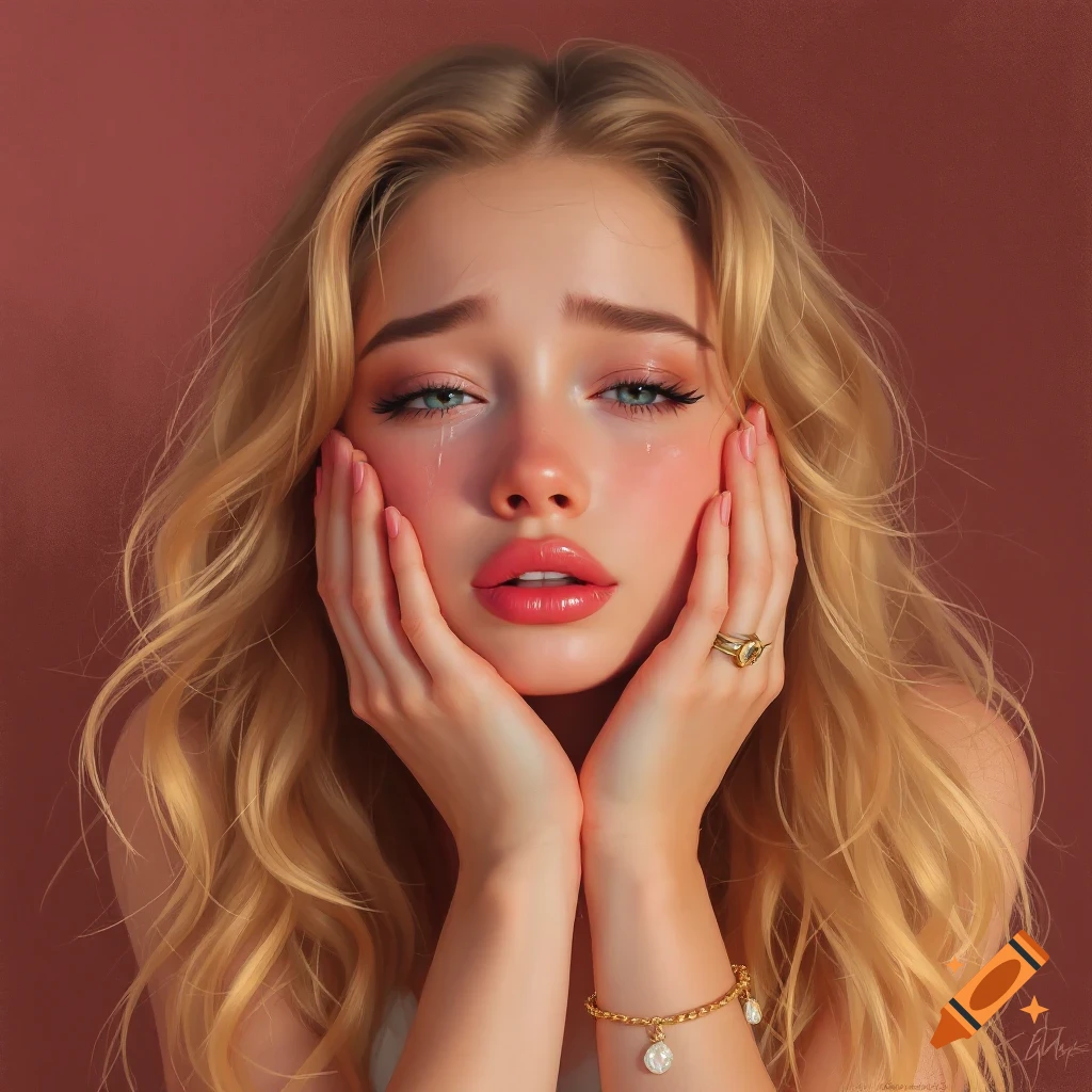 A crying blonde woman holding her face.