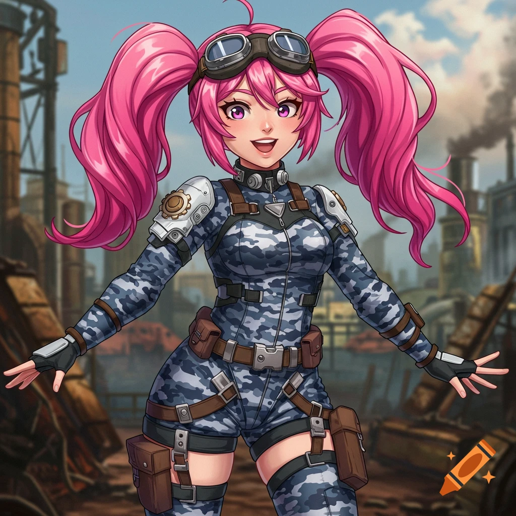 An anime girl with pink pigtails wears a blue and gray camo dieselpunk outfit in a ruined industrial area.