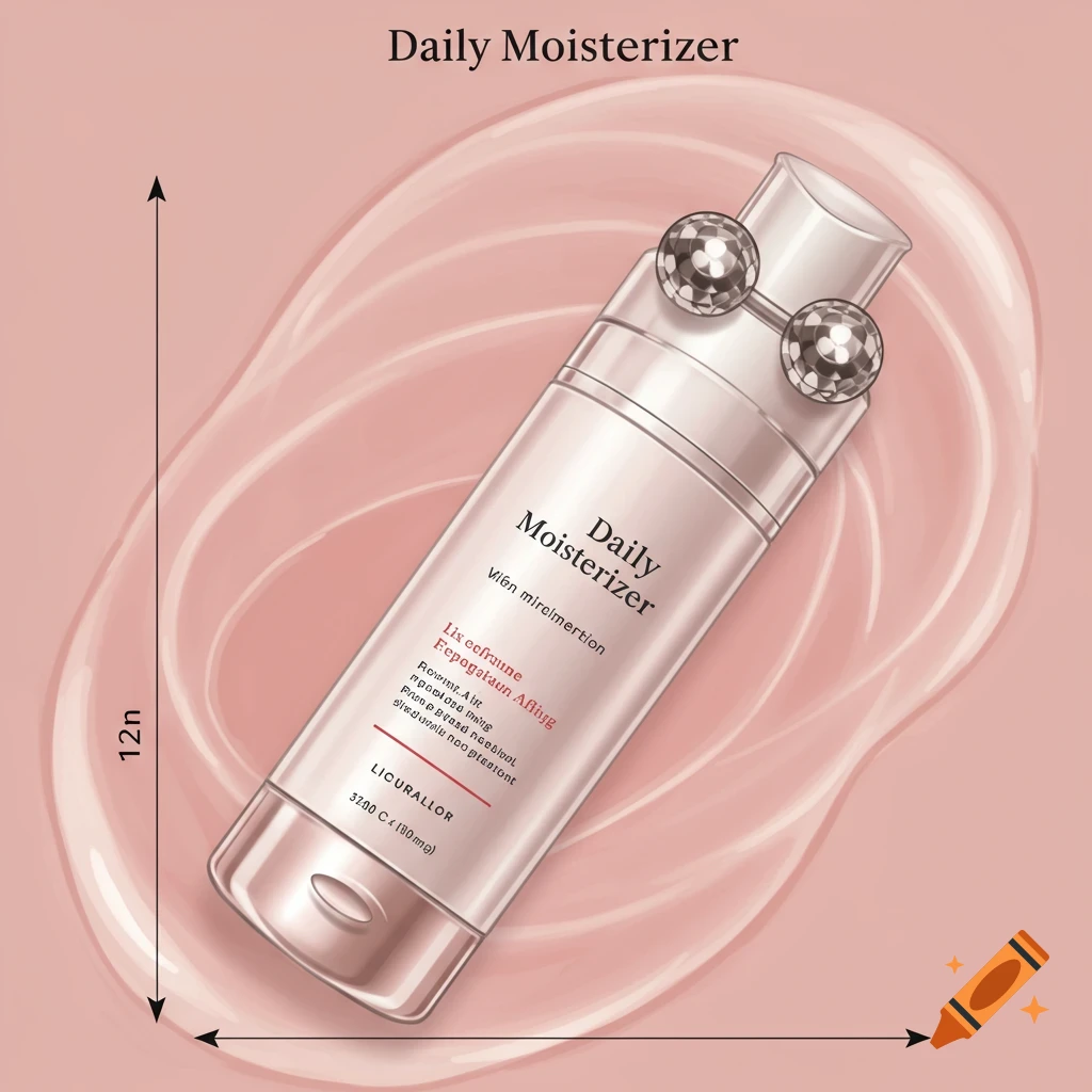 A bottle of moisturizer with a dispenser and metal roller balls, on a pink background with a swirl of cream.