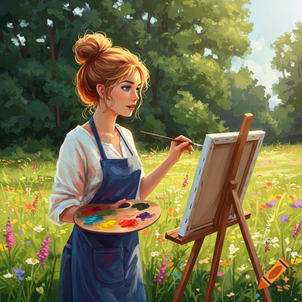 A woman in a blue apron paints on an easel in a sunny meadow filled with flowers.