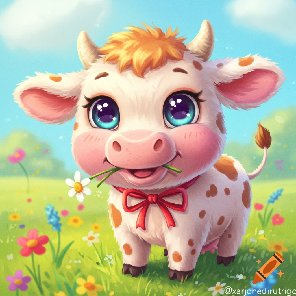 Cute cartoon cow in a field holding a flower