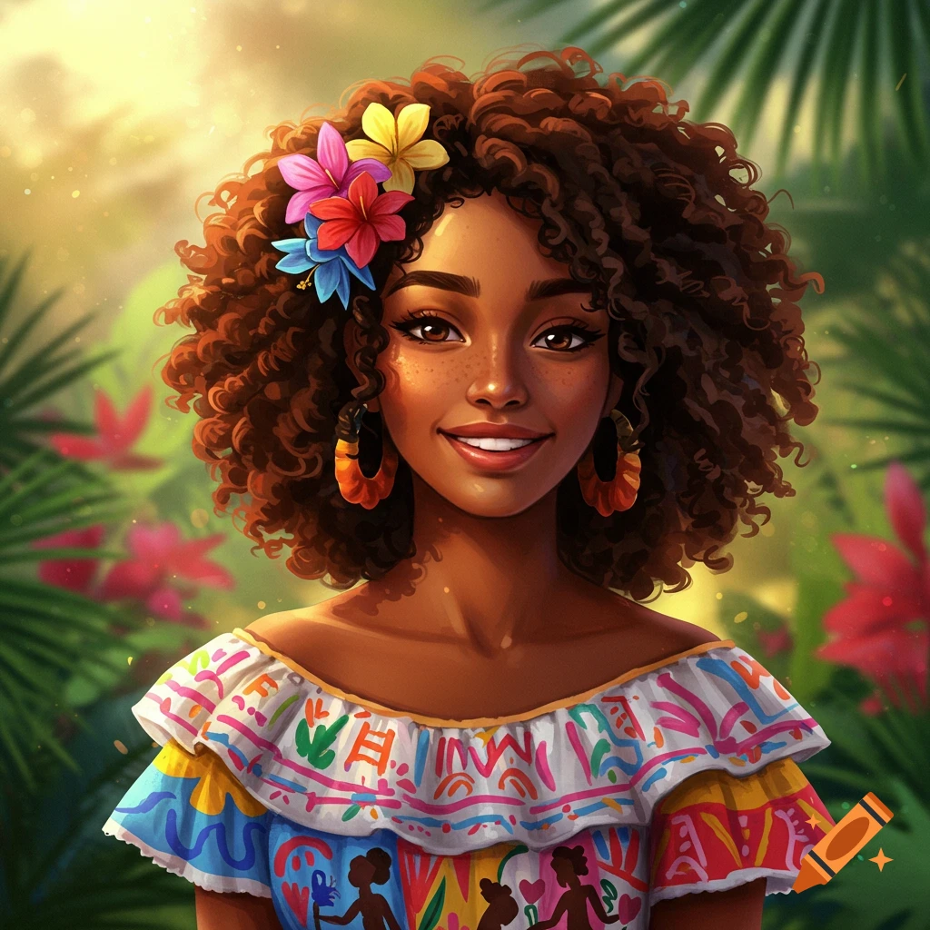 A woman with curly hair and flowers in her hair, wearing a colorful top, against a tropical background.