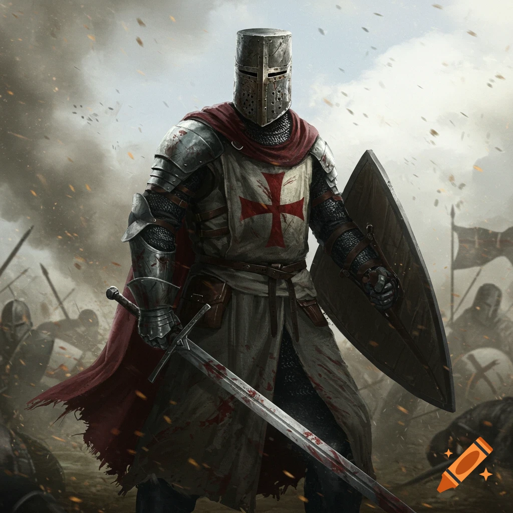 Crusader knight with sword and shield on a smoky battlefield