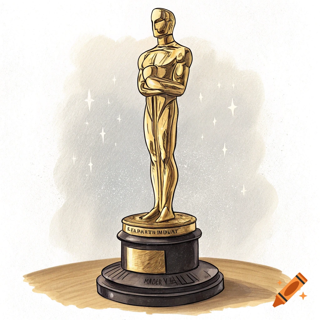 Illustration of a golden Oscar-like statue on a base with stars.