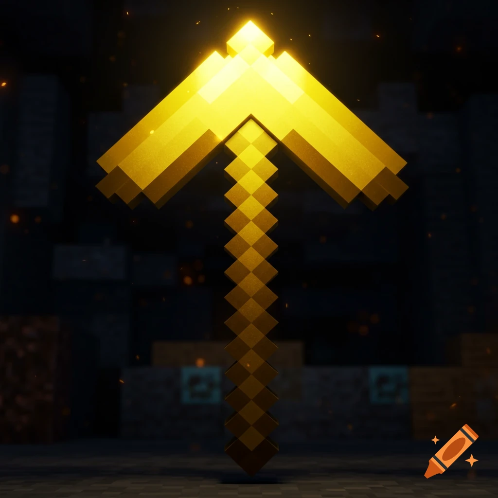 A golden Minecraft pickaxe stands upright in a dark cave with glowing particles.