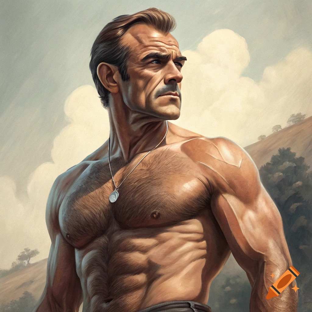 Muscular man wearing a pendant, looking away outdoors.