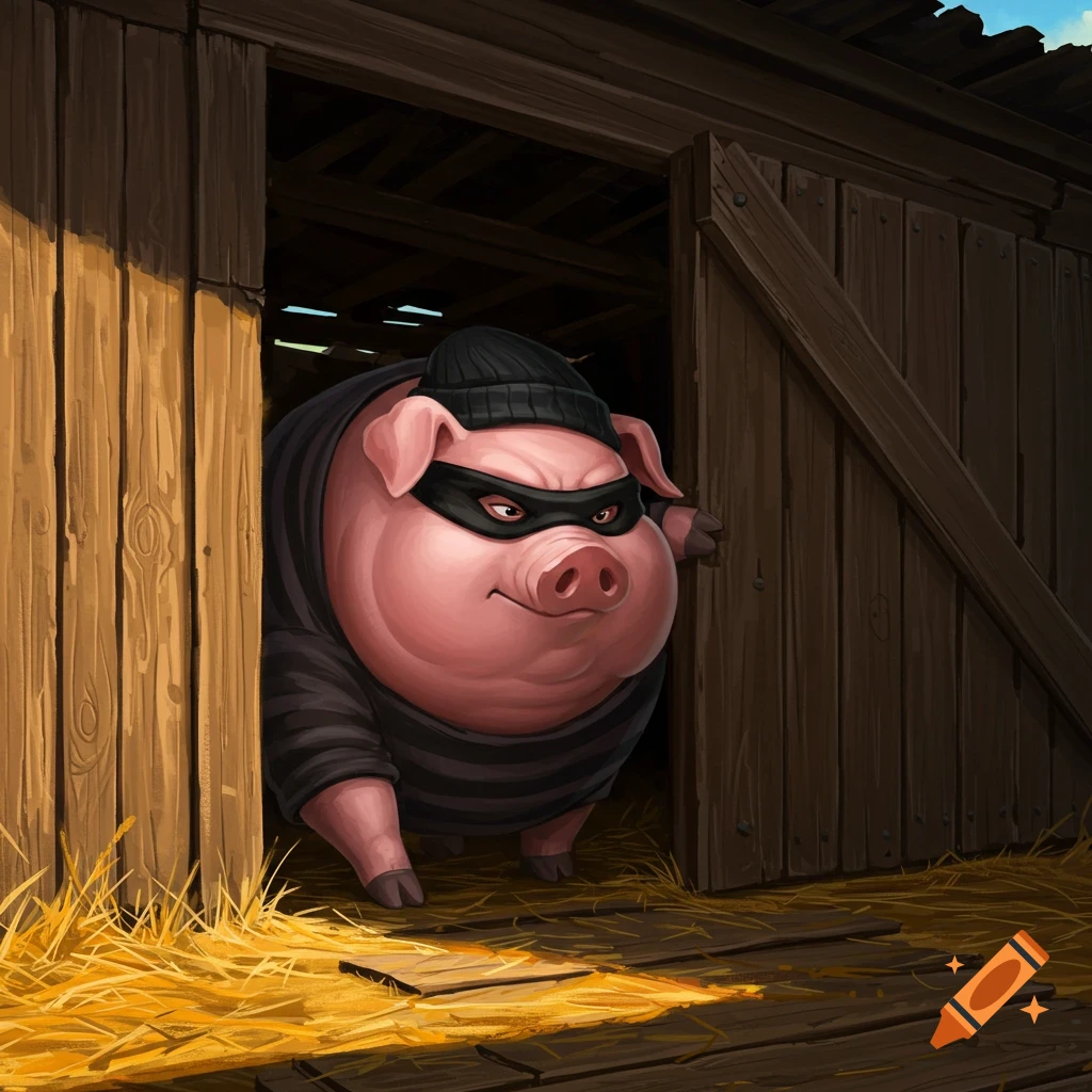 A cartoon pig dressed as a burglar peeking out of a barn doorway.