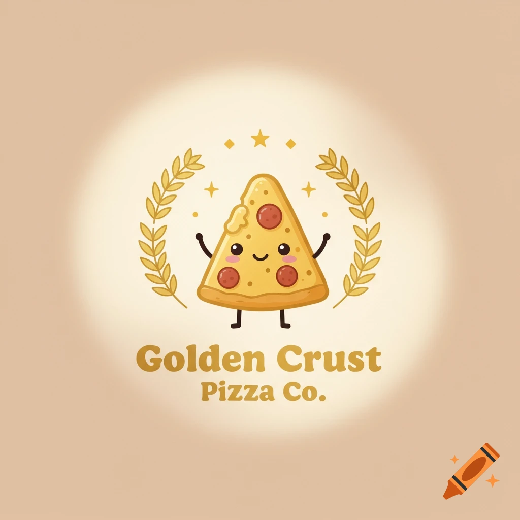 Cute cartoon pizza slice logo with laurel wreath and stars, text reads "Golden Crust Pizza Co."