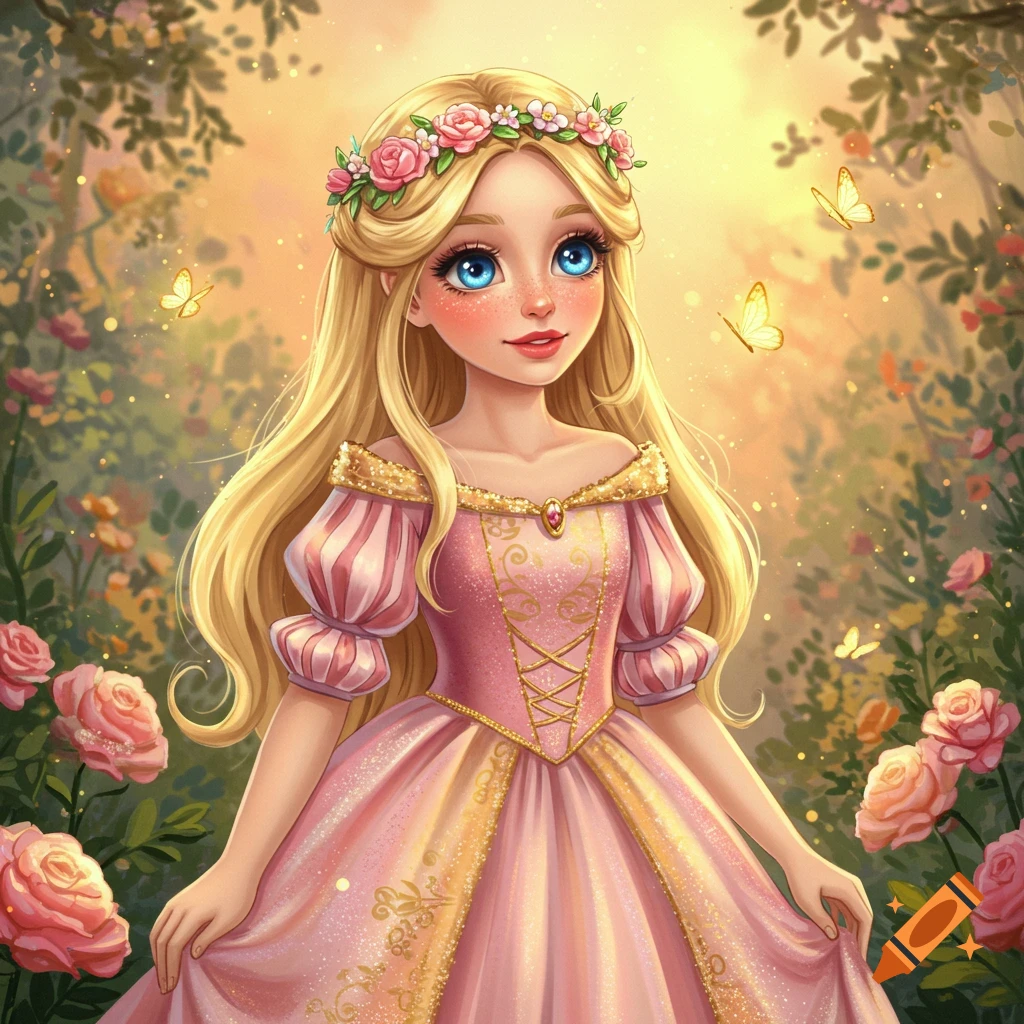 A blonde princess in a pink dress and flower crown is in a rose garden with butterflies.