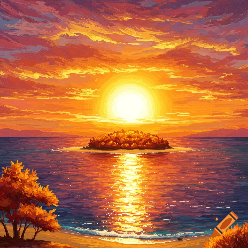 A vibrant sunset over the ocean with an island.