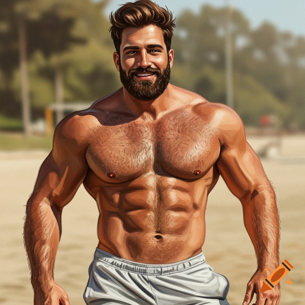 A muscular man with a beard smiles on a beach.