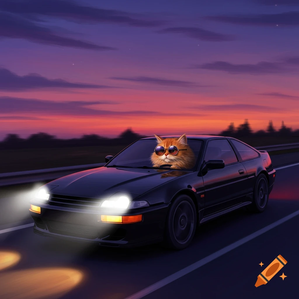 A cat wearing sunglasses drives a car at sunset.